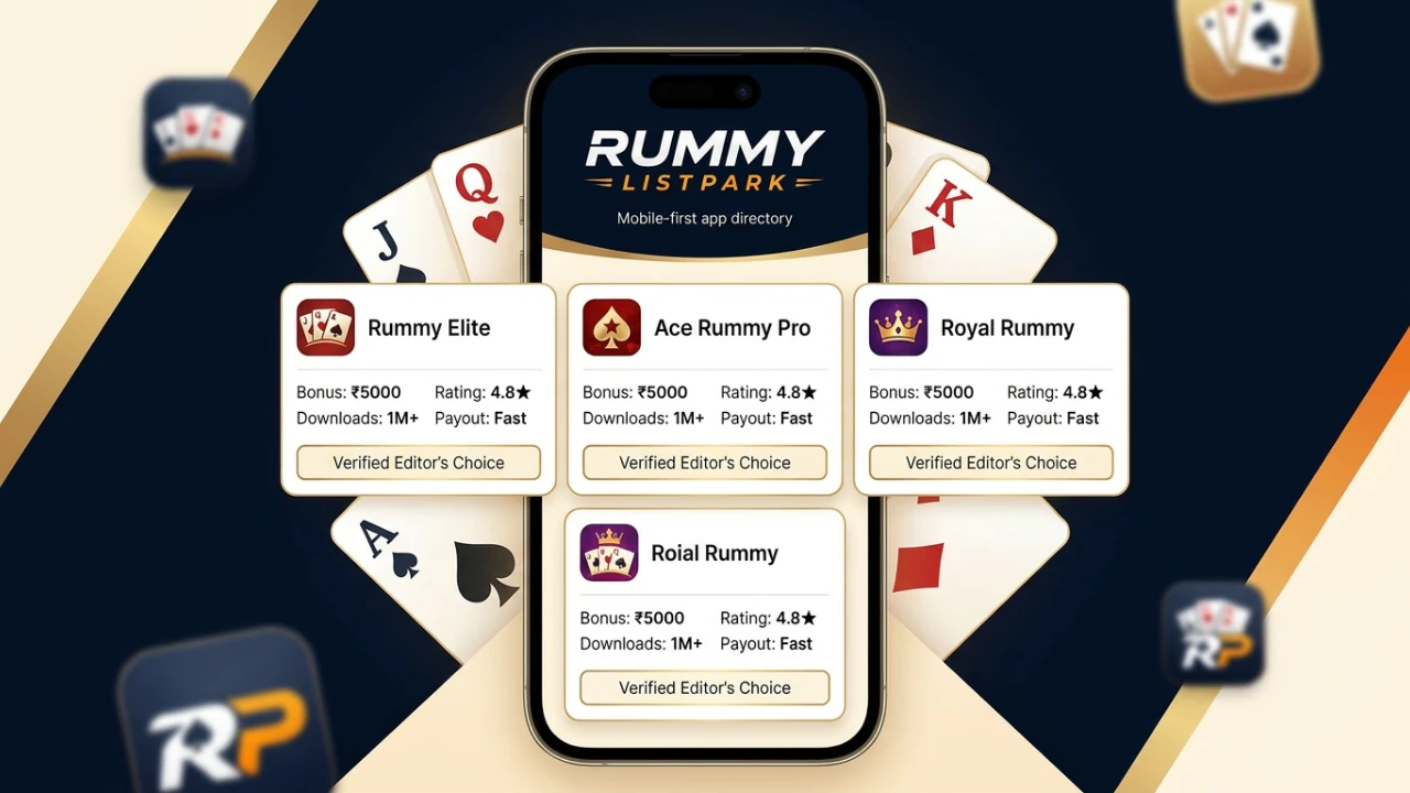 Rummy Swift brand banner with mobile-first app directory styling